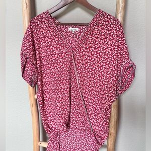 Max Studio Red Floral Wrap Blouse XL High Low Hem Gathered Sleeves